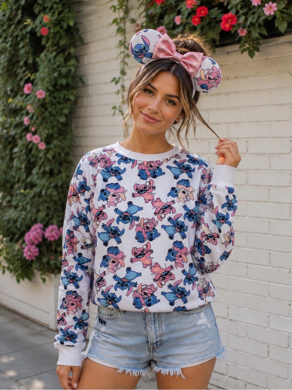 Disney Stitch and Angel White Long Sleeve Pull Over Crewneck Sweatshirt